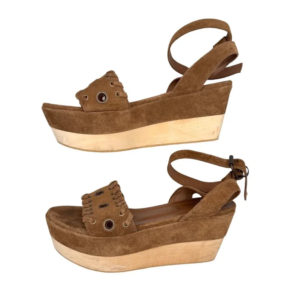 AllSaints Brown Suede Yuki Boho Wooden Platform Sandals (EU 39)